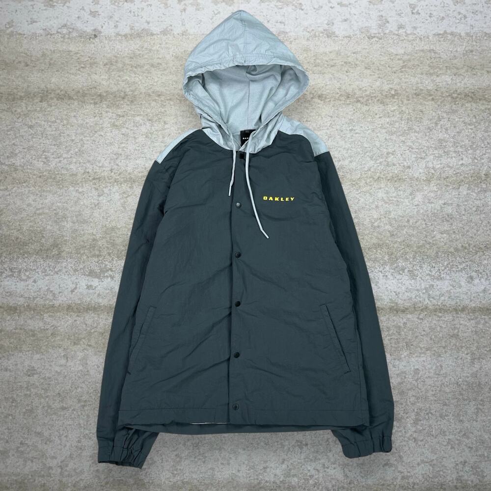Vintage Y2K Oakley Windbreaker Jacket Mens S Grey Yellow Polyester Full Zip Hood